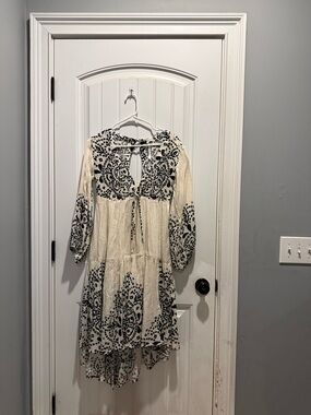 Anthropologie Cream Dress with Black Print Tie-Neck Mini